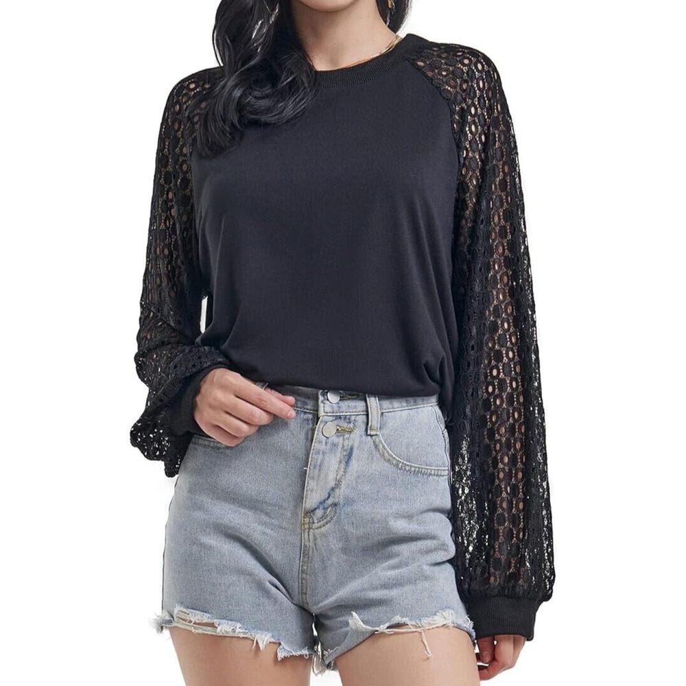 Miholl Women's Casual Crewneck Blouse Top w/Lace Long Sleeves Size M Black